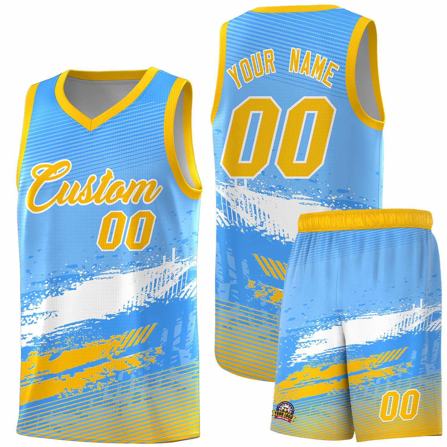 Custom Powder Blue White and Yellow Graffiti Pattern Sports Uniform Basketball Jersey|KXKSHOP