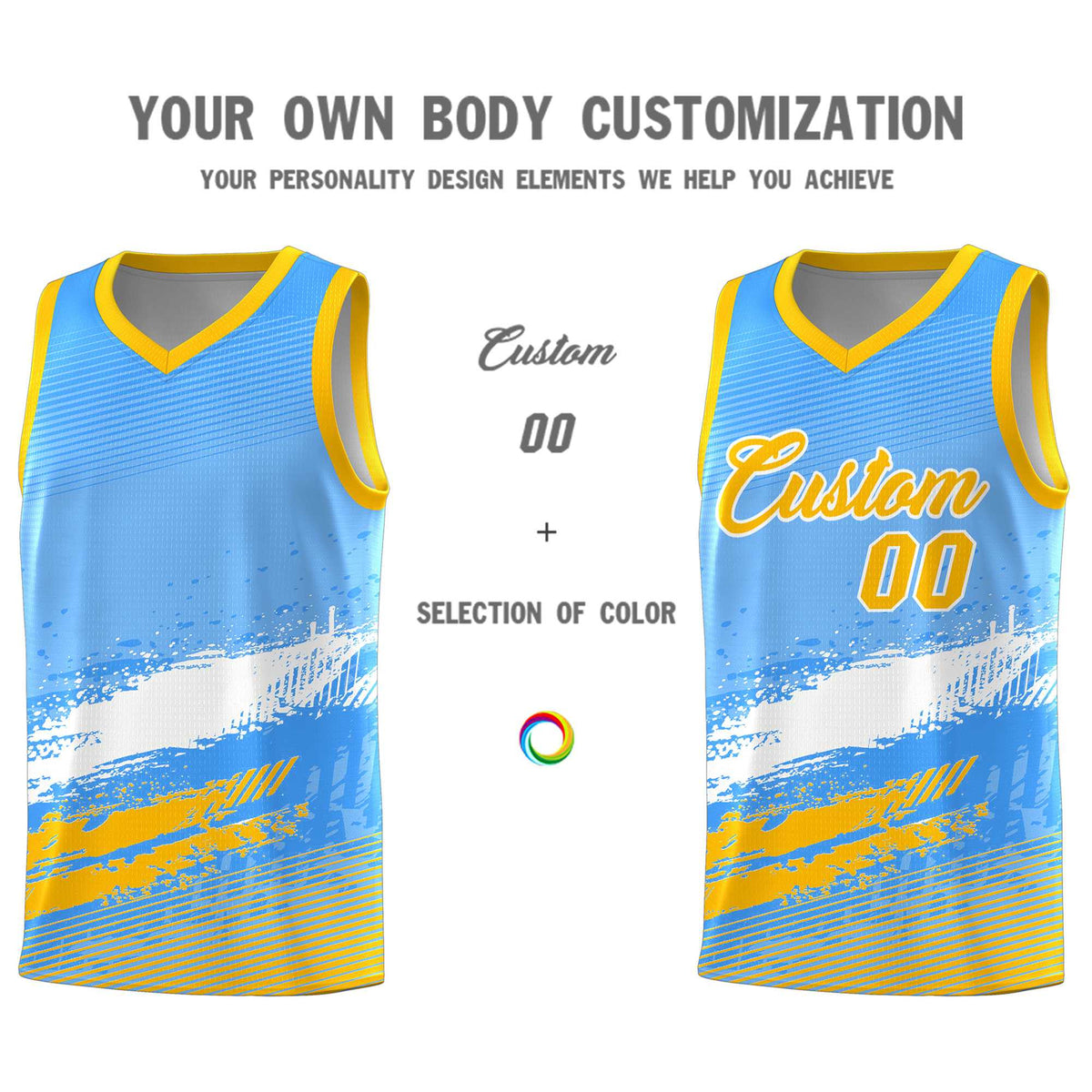 Custom Powder Blue White and Yellow Graffiti Pattern Sports Uniform Basketball Jersey|KXKSHOP