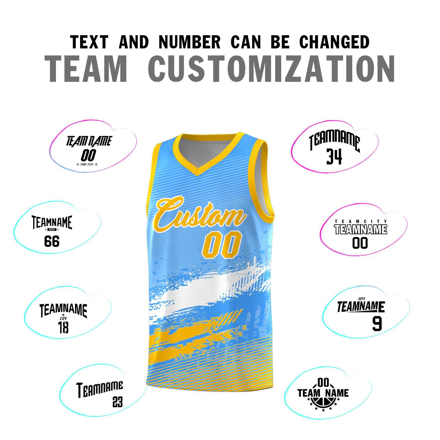 Custom Powder Blue White and Yellow Graffiti Pattern Sports Uniform Basketball Jersey|KXKSHOP