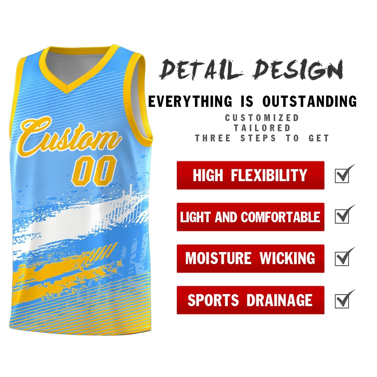 Custom Powder Blue White and Yellow Graffiti Pattern Sports Uniform Basketball Jersey|KXKSHOP