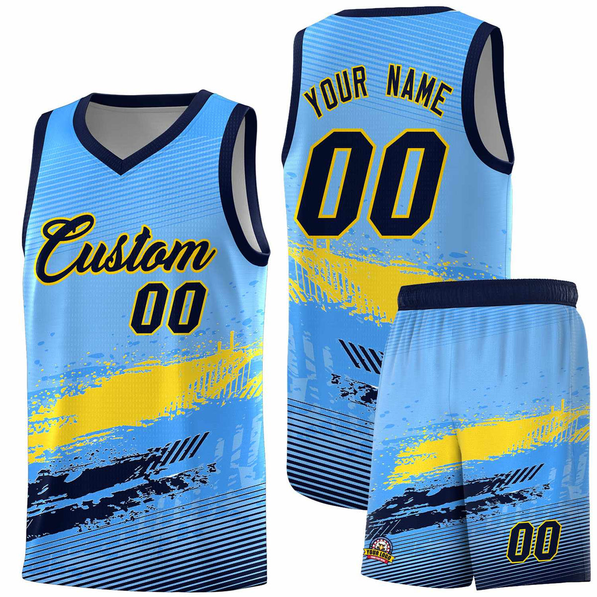 Custom Powder Blue Gold and Navy Graffiti Pattern Sports Uniform Basketball Jersey|KXKSHOP