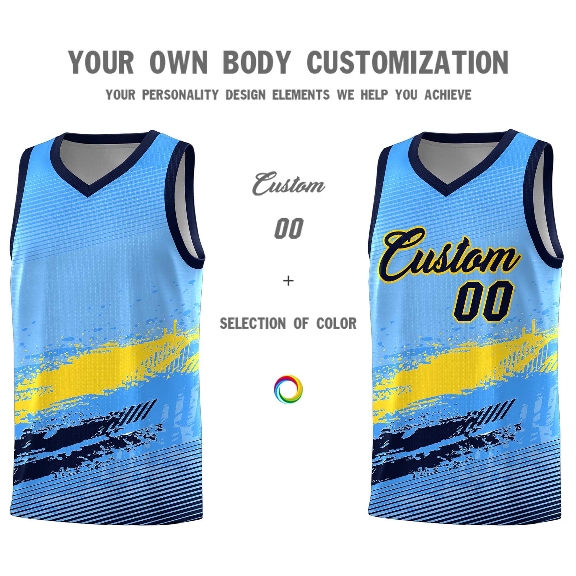 Custom Powder Blue Gold and Navy Graffiti Pattern Sports Uniform Basketball Jersey|KXKSHOP