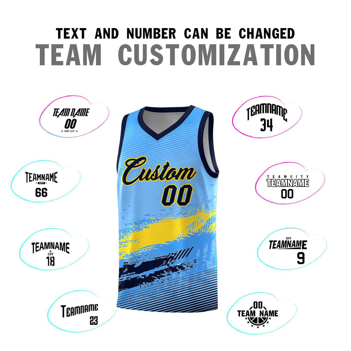 Custom Powder Blue Gold and Navy Graffiti Pattern Sports Uniform Basketball Jersey|KXKSHOP