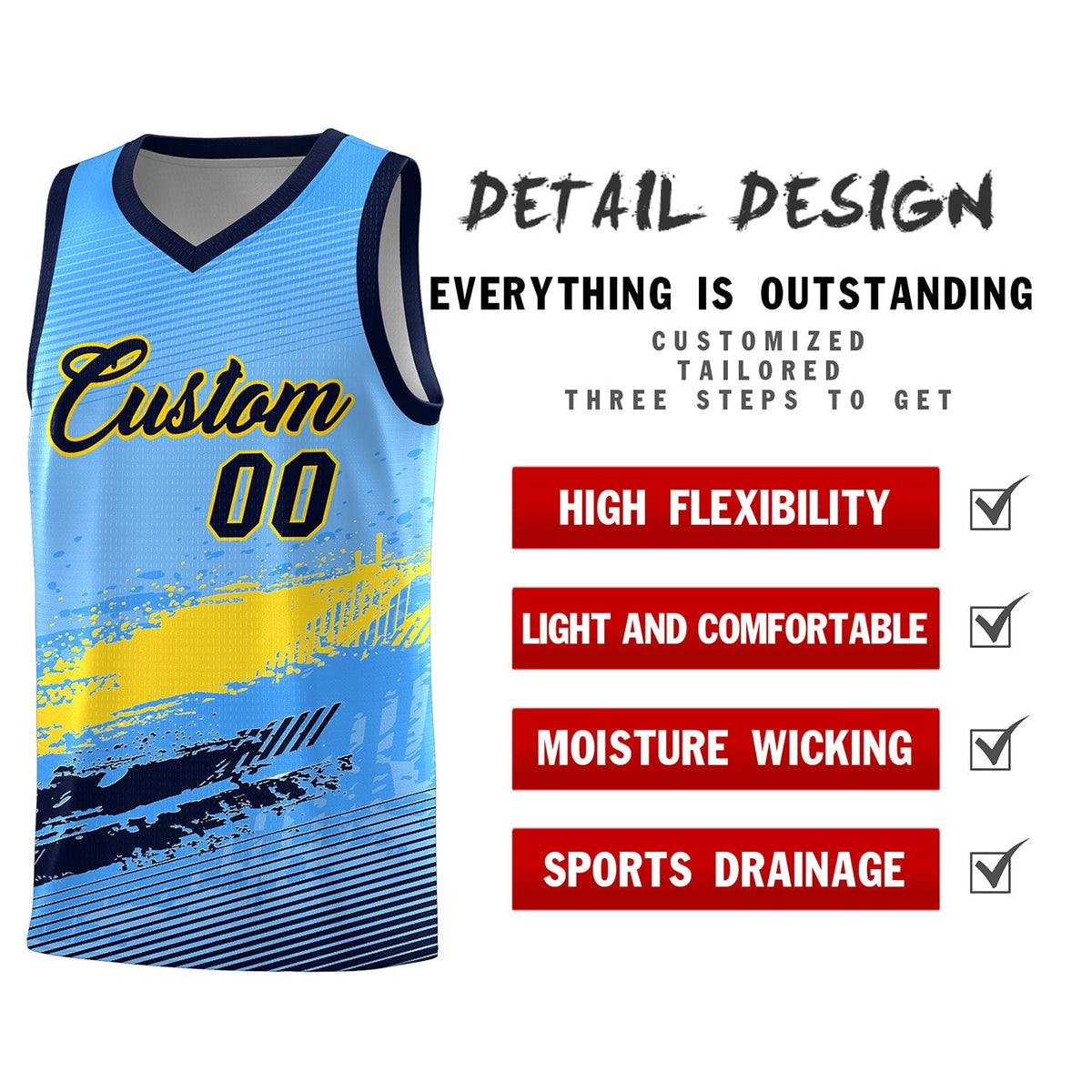 Custom Powder Blue Gold and Navy Graffiti Pattern Sports Uniform Basketball Jersey|KXKSHOP