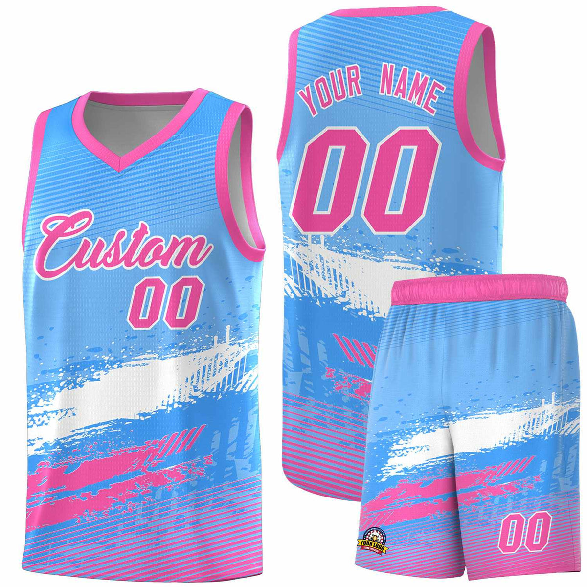 Custom Powder Blue White and Pink Graffiti Pattern Sports Uniform Basketball Jersey|KXKSHOP