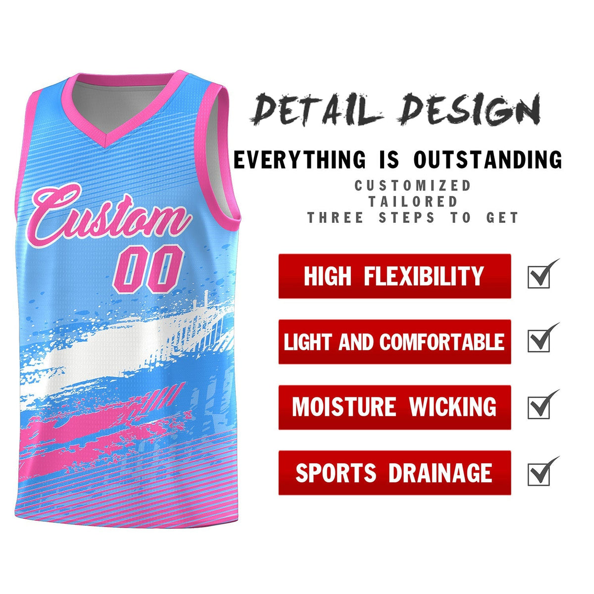 Custom Powder Blue White and Pink Graffiti Pattern Sports Uniform Basketball Jersey|KXKSHOP