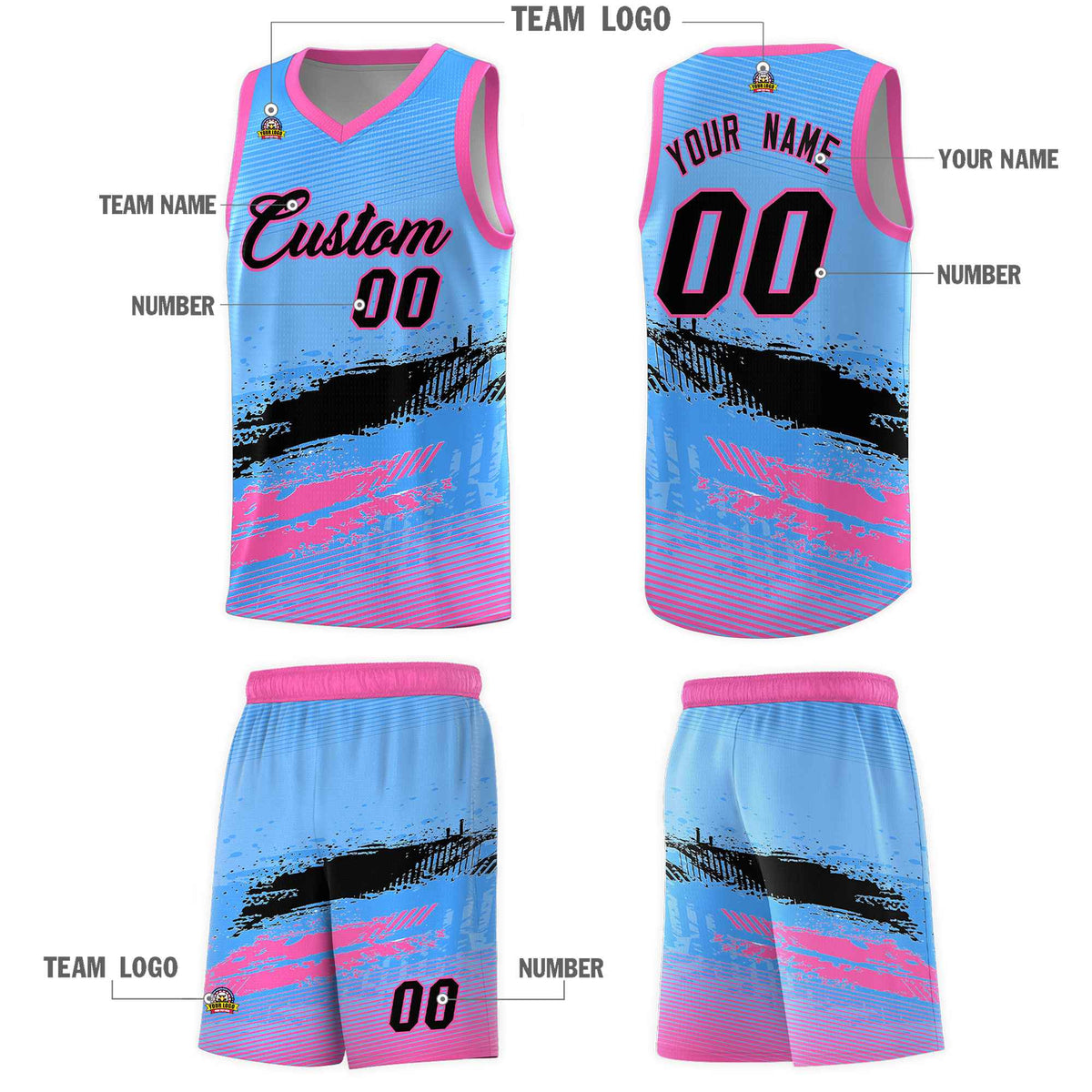 Custom Powder Blue Black and Pink Graffiti Pattern Sports Uniform Basketball Jersey|KXKSHOP