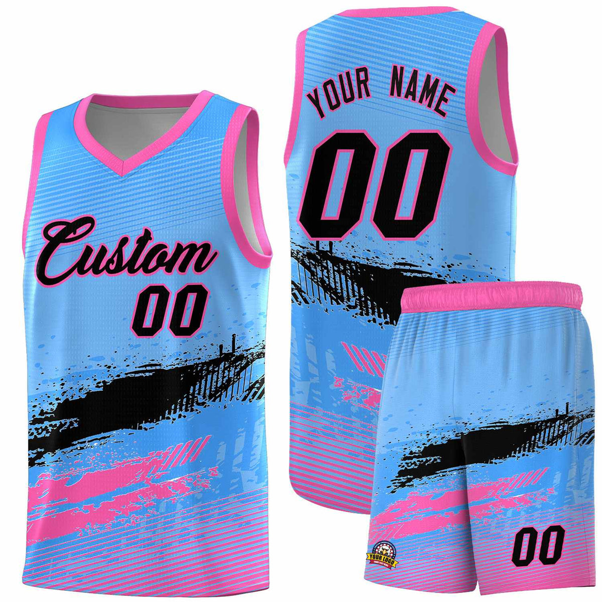 Custom Powder Blue Black and Pink Graffiti Pattern Sports Uniform Basketball Jersey|KXKSHOP