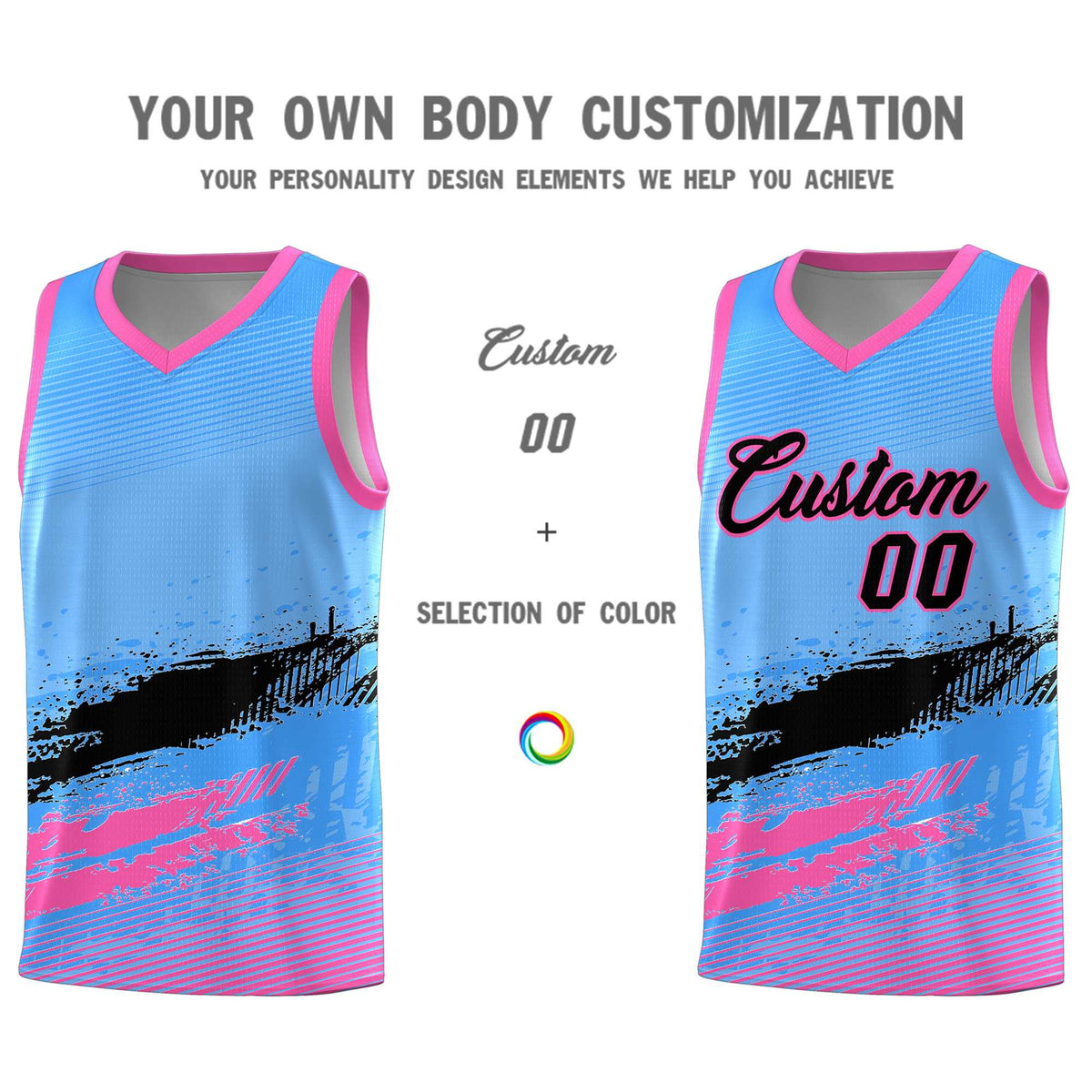 Custom Powder Blue Black and Pink Graffiti Pattern Sports Uniform Basketball Jersey|KXKSHOP