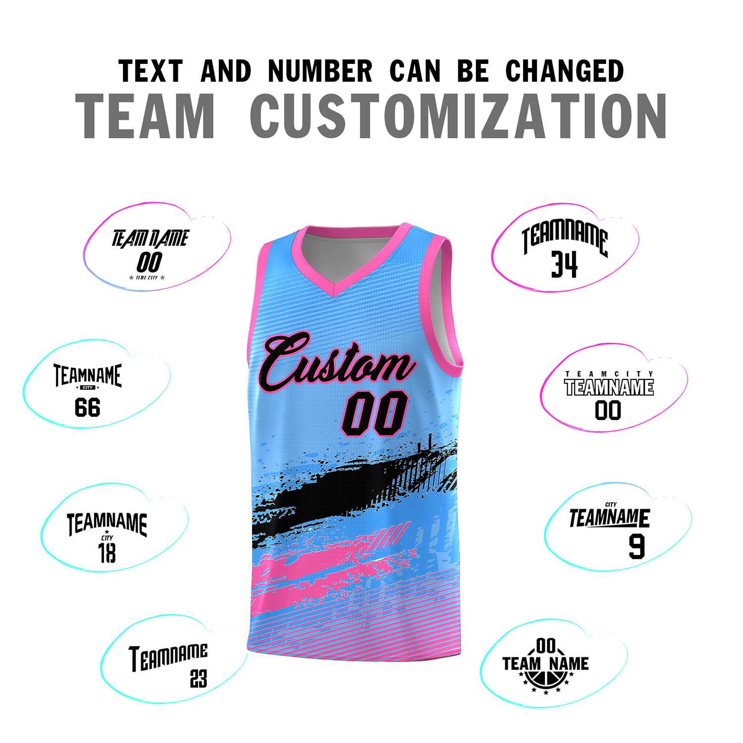Custom Powder Blue Black and Pink Graffiti Pattern Sports Uniform Basketball Jersey|KXKSHOP