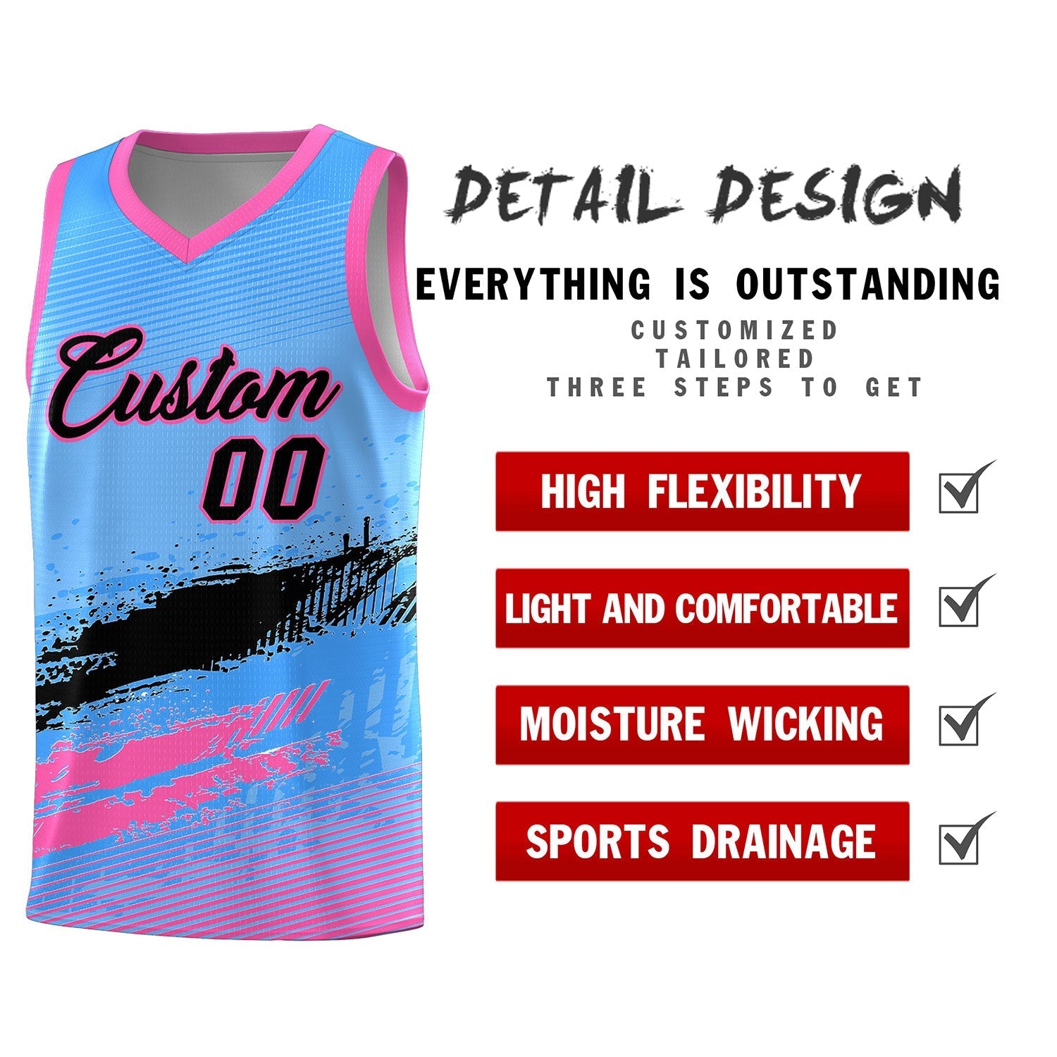 Custom Powder Blue Black and Pink Graffiti Pattern Sports Uniform Basketball Jersey|KXKSHOP