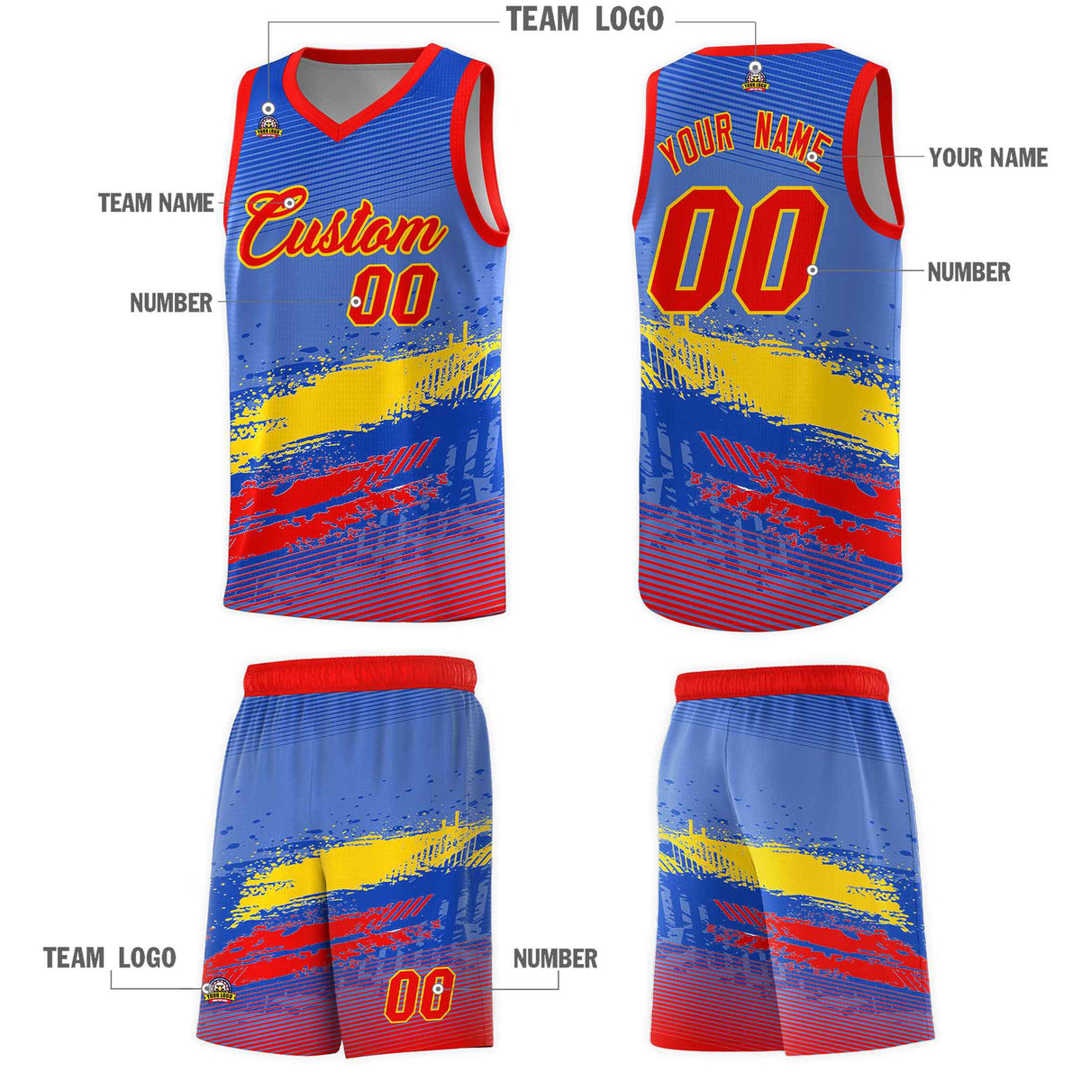 Custom Royal Gold and Red Graffiti Pattern Sports Uniform Basketball Jersey|KXKSHOP