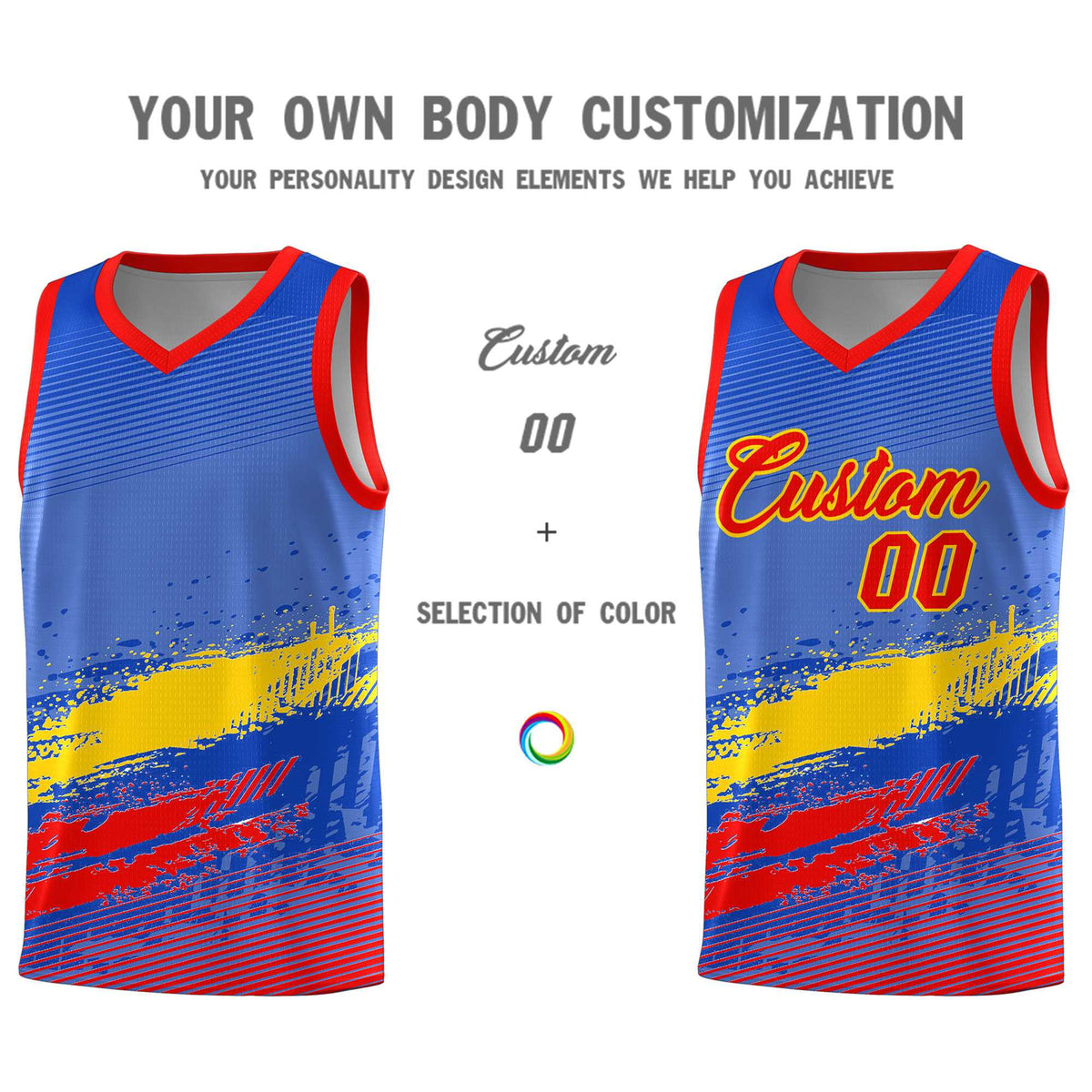 Custom Royal Gold and Red Graffiti Pattern Sports Uniform Basketball Jersey|KXKSHOP