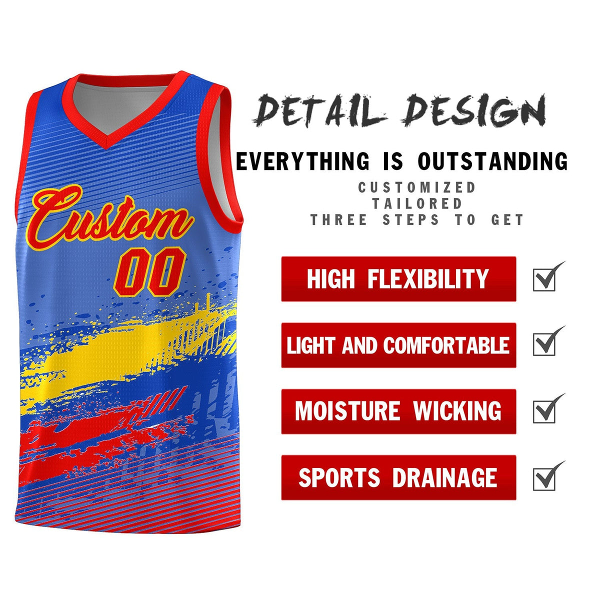 Custom Royal Gold and Red Graffiti Pattern Sports Uniform Basketball Jersey|KXKSHOP