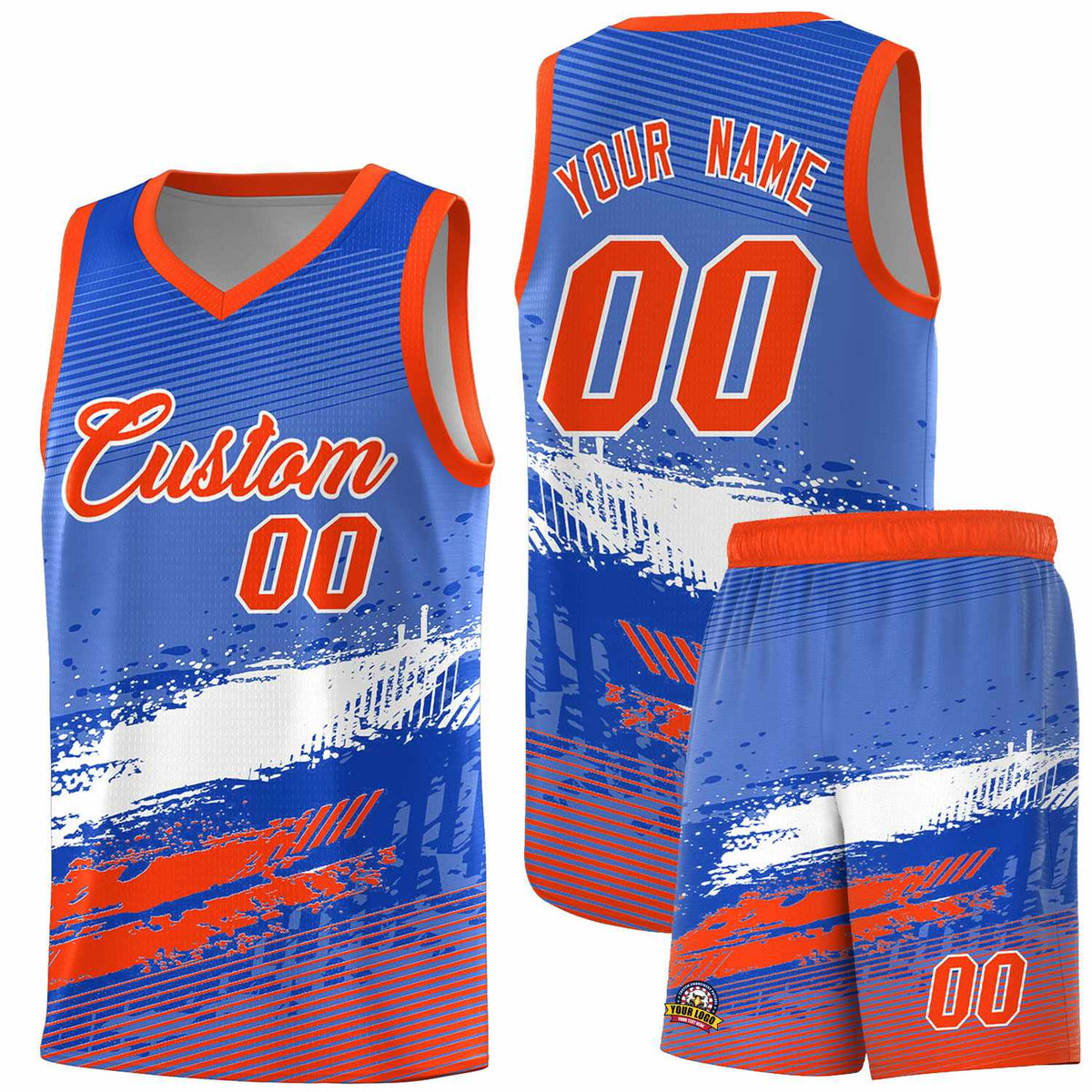 Custom Royal White and Orange Graffiti Pattern Sports Uniform Basketball Jersey|KXKSHOP
