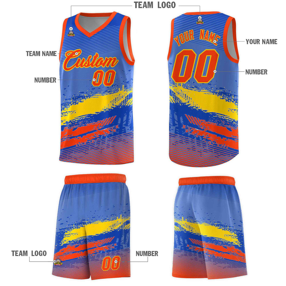 Custom Royal Gold and Orange Graffiti Pattern Sports Uniform Basketball Jersey|KXKSHOP