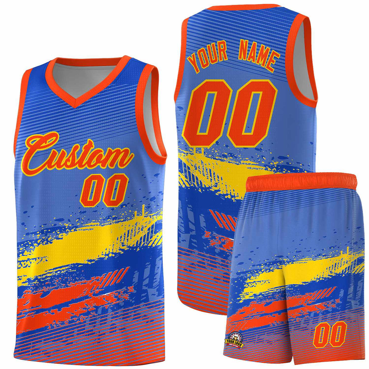 Custom Royal Gold and Orange Graffiti Pattern Sports Uniform Basketball Jersey|KXKSHOP