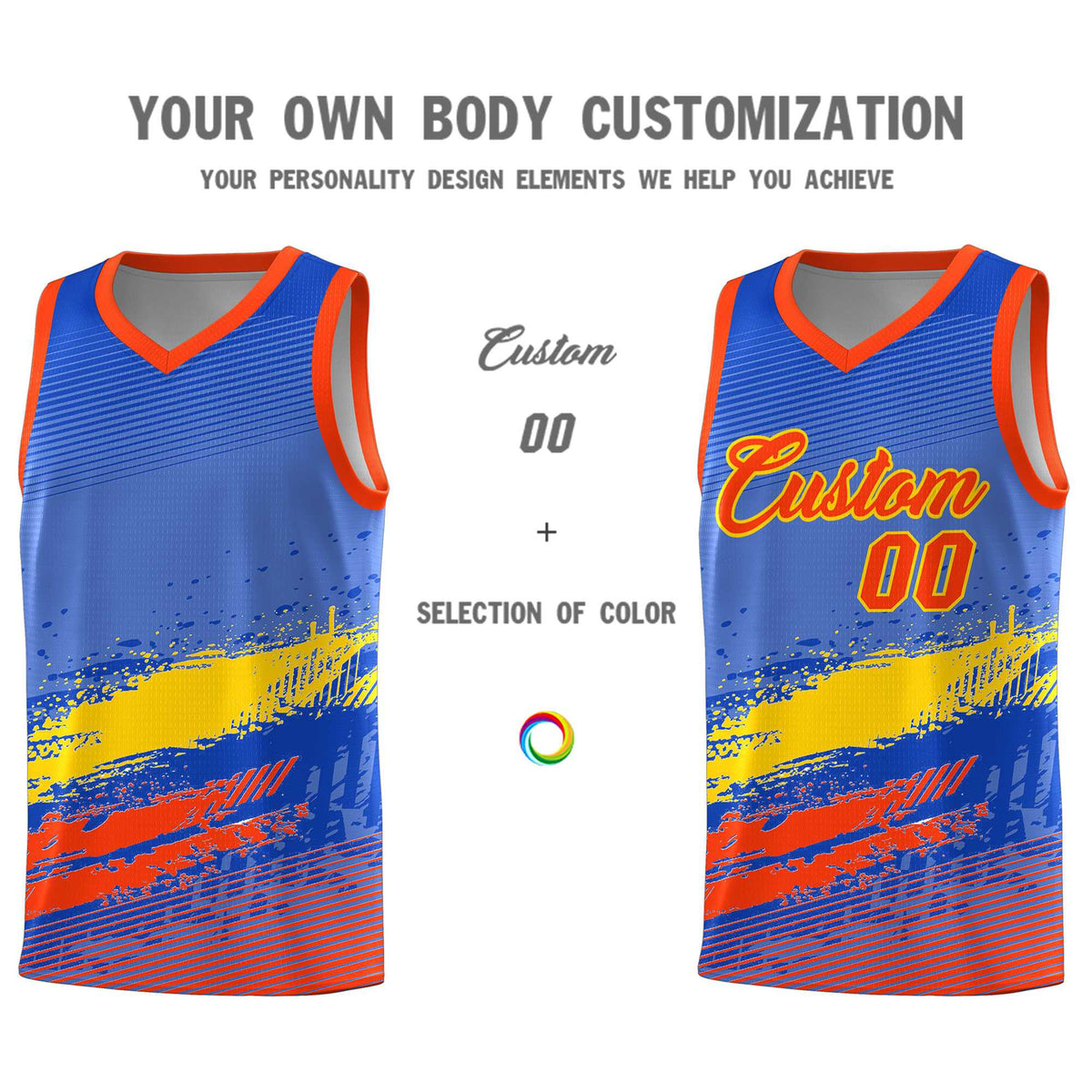 Custom Royal Gold and Orange Graffiti Pattern Sports Uniform Basketball Jersey|KXKSHOP