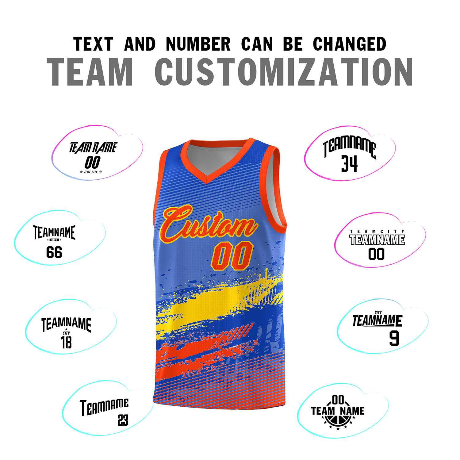 Custom Royal Gold and Orange Graffiti Pattern Sports Uniform Basketball Jersey|KXKSHOP