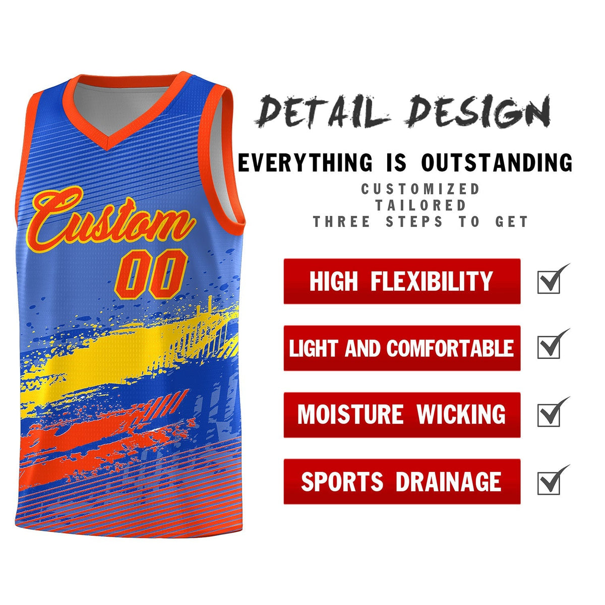 Custom Royal Gold and Orange Graffiti Pattern Sports Uniform Basketball Jersey|KXKSHOP