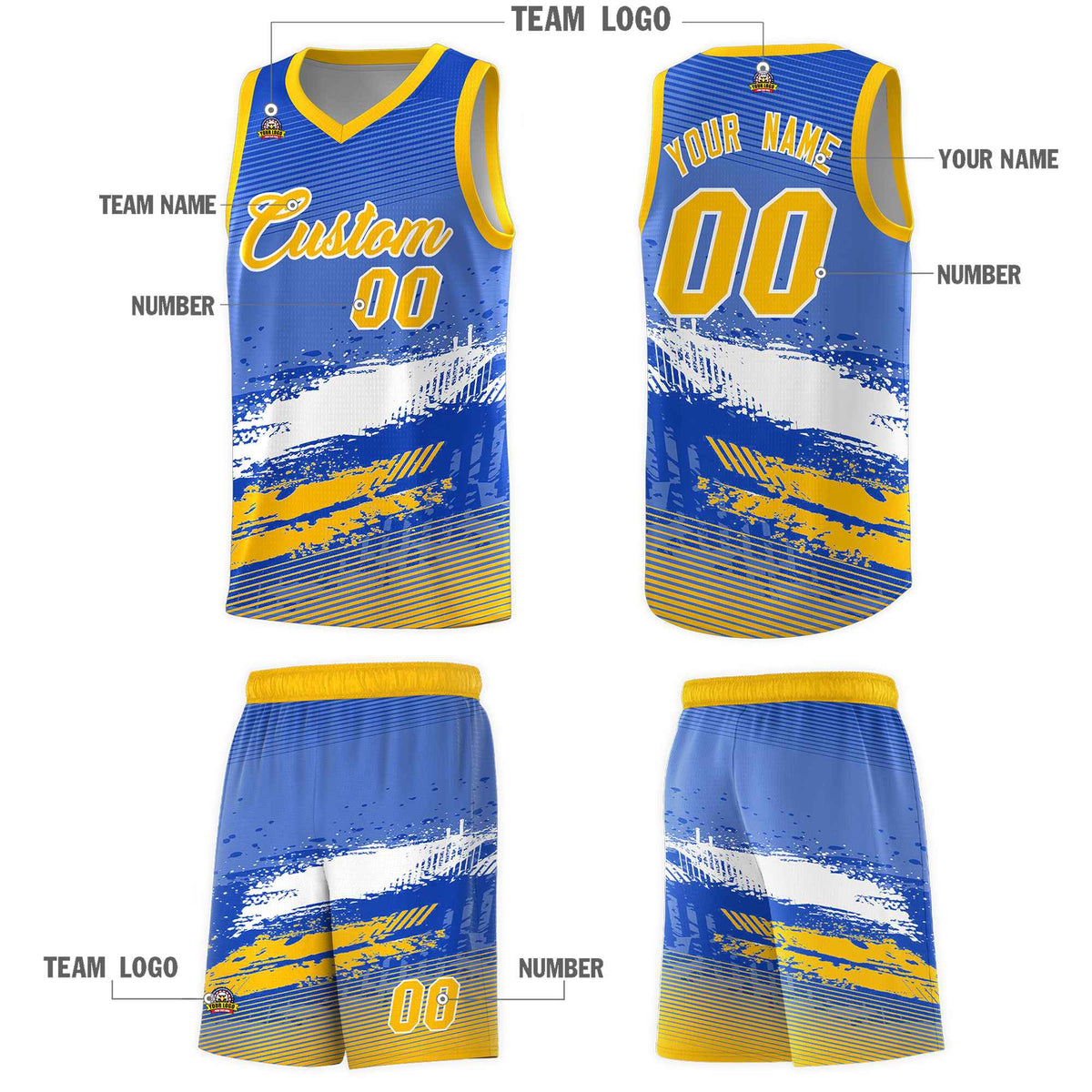 Custom Royal White and Yellow Graffiti Pattern Sports Uniform Basketball Jersey|KXKSHOP