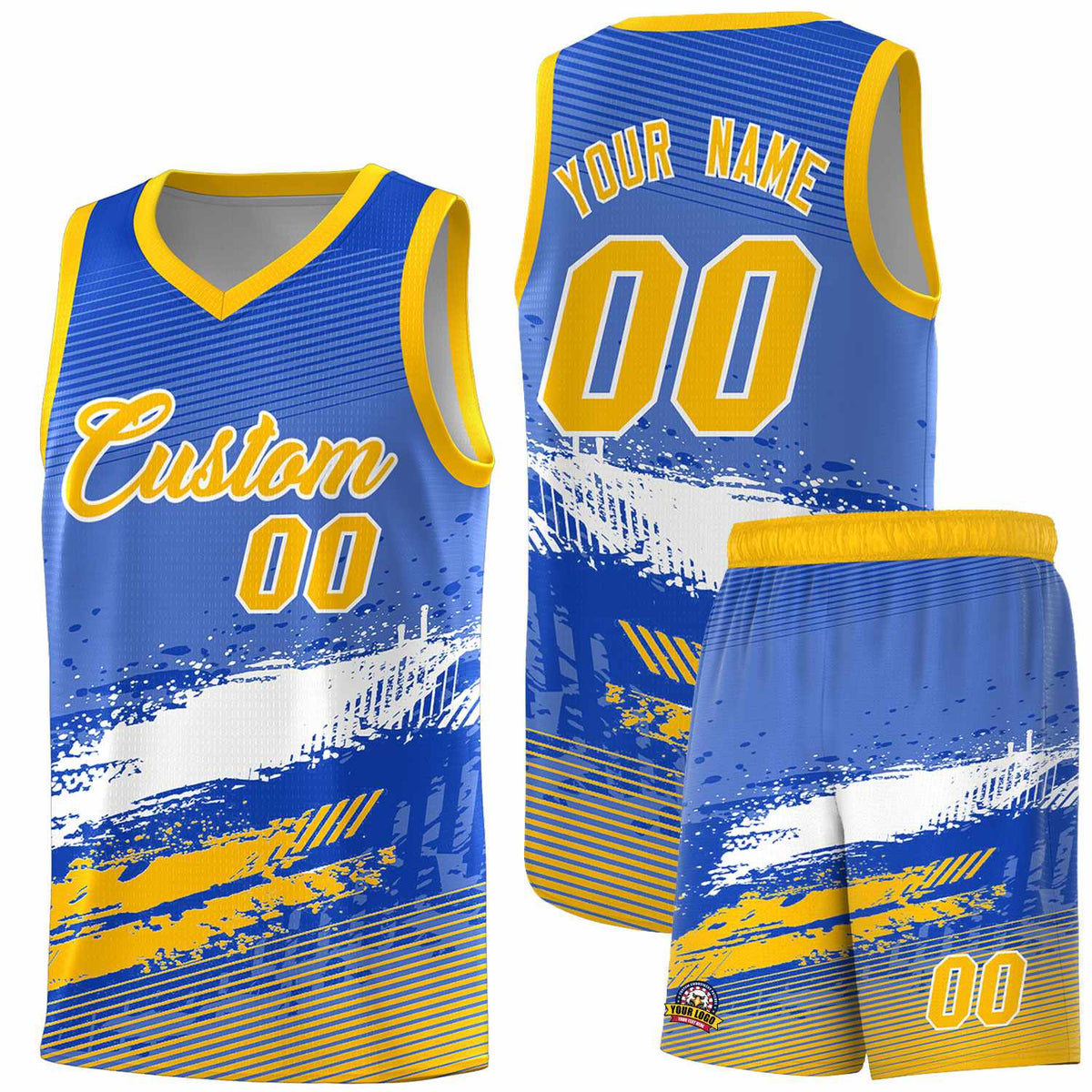 Custom Royal White and Yellow Graffiti Pattern Sports Uniform Basketball Jersey|KXKSHOP