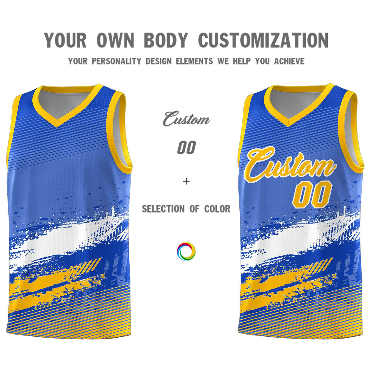 Custom Royal White and Yellow Graffiti Pattern Sports Uniform Basketball Jersey|KXKSHOP