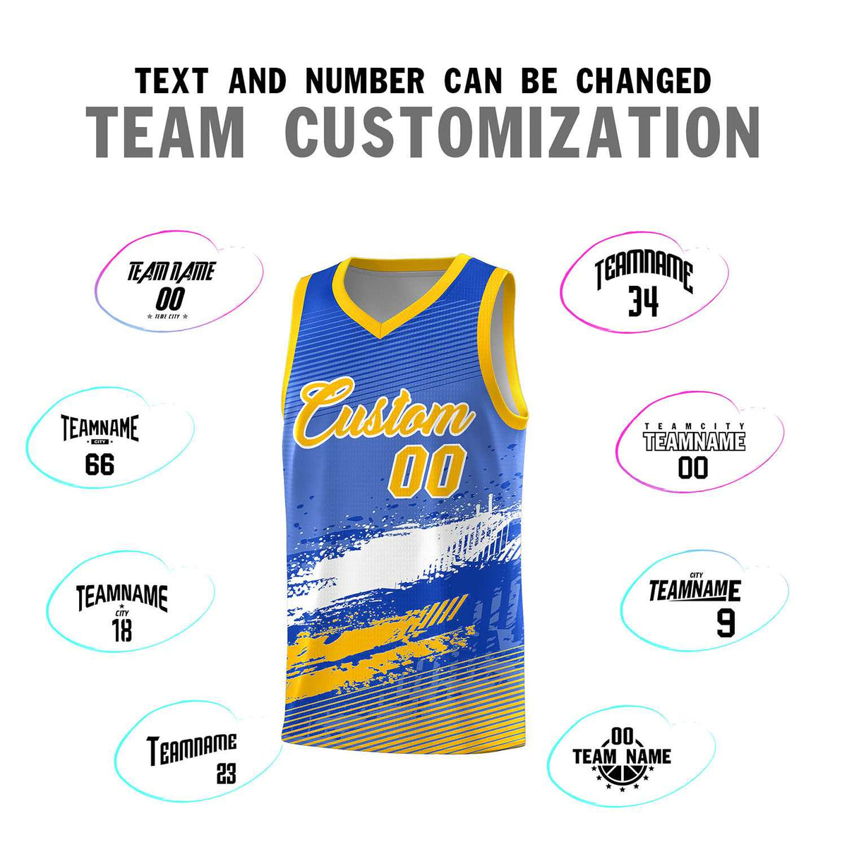 Custom Royal White and Yellow Graffiti Pattern Sports Uniform Basketball Jersey|KXKSHOP