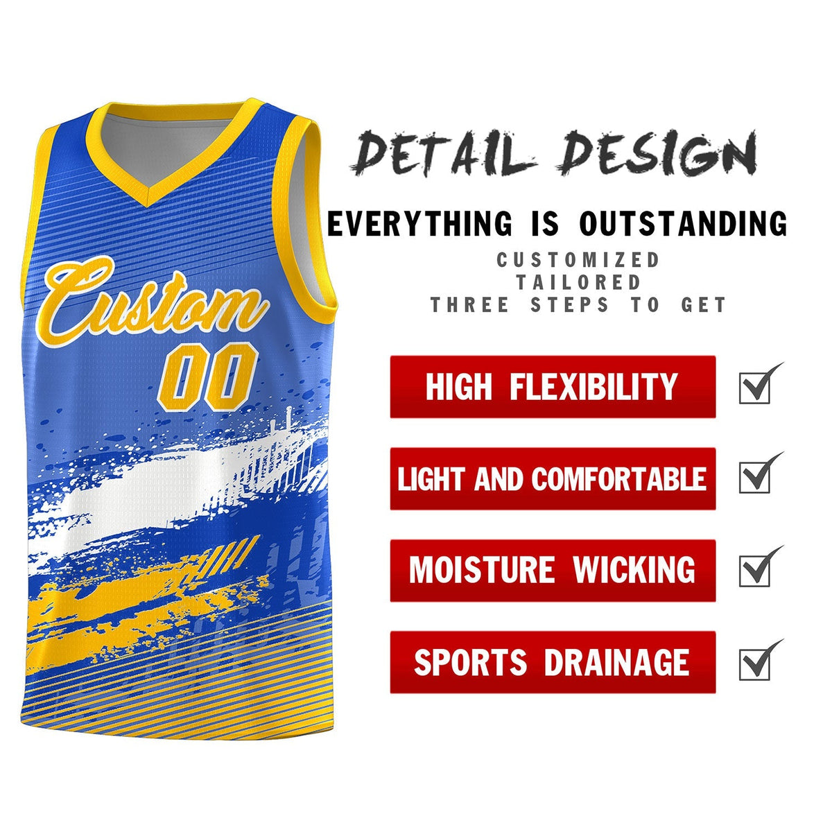 Custom Royal White and Yellow Graffiti Pattern Sports Uniform Basketball Jersey|KXKSHOP