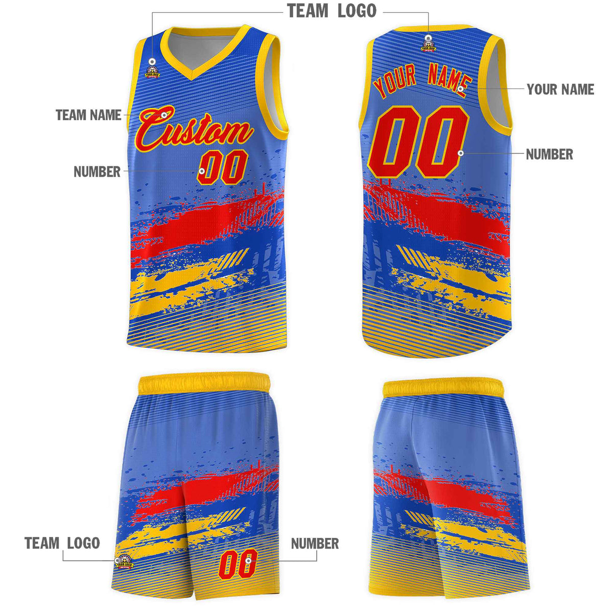 Custom Royal Red and Yellow Graffiti Pattern Sports Uniform Basketball Jersey|KXKSHOP