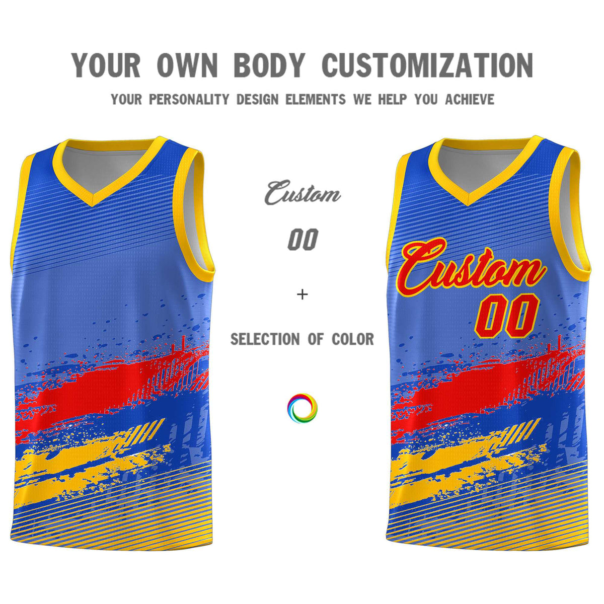 Custom Royal Red and Yellow Graffiti Pattern Sports Uniform Basketball Jersey|KXKSHOP