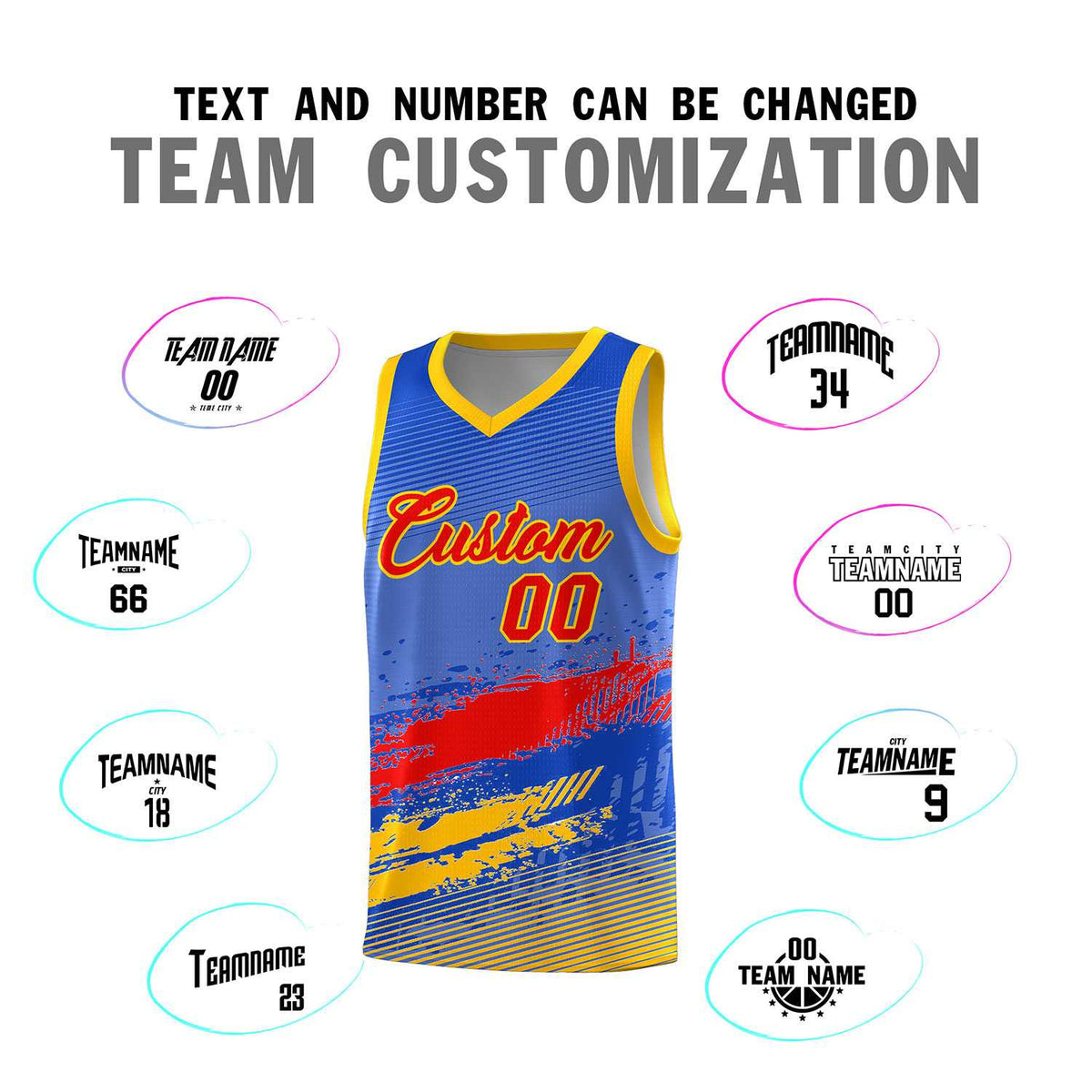 Custom Royal Red and Yellow Graffiti Pattern Sports Uniform Basketball Jersey|KXKSHOP