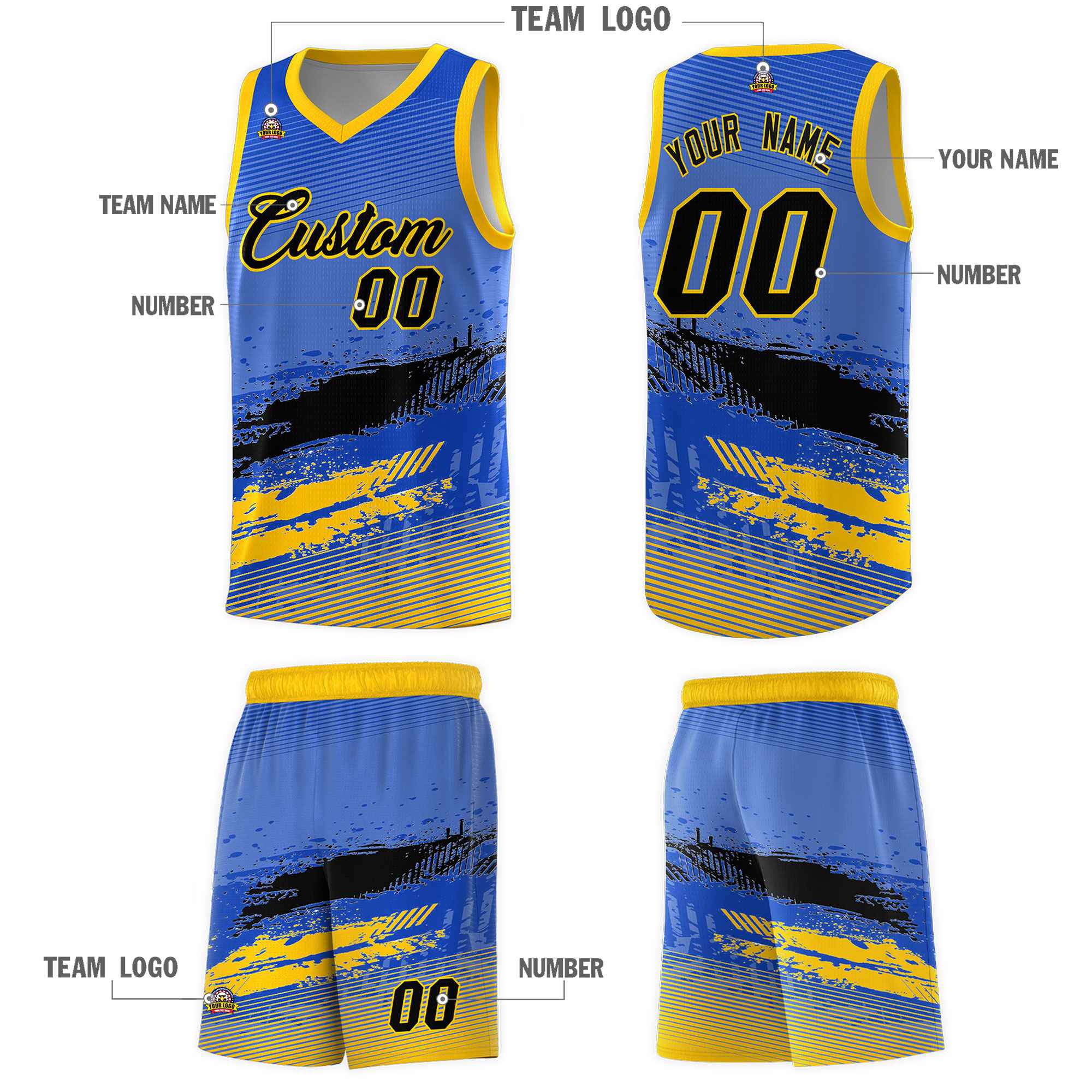 Custom Royal Black and Yellow Graffiti Pattern Sports Uniform Basketball Jersey|KXKSHOP