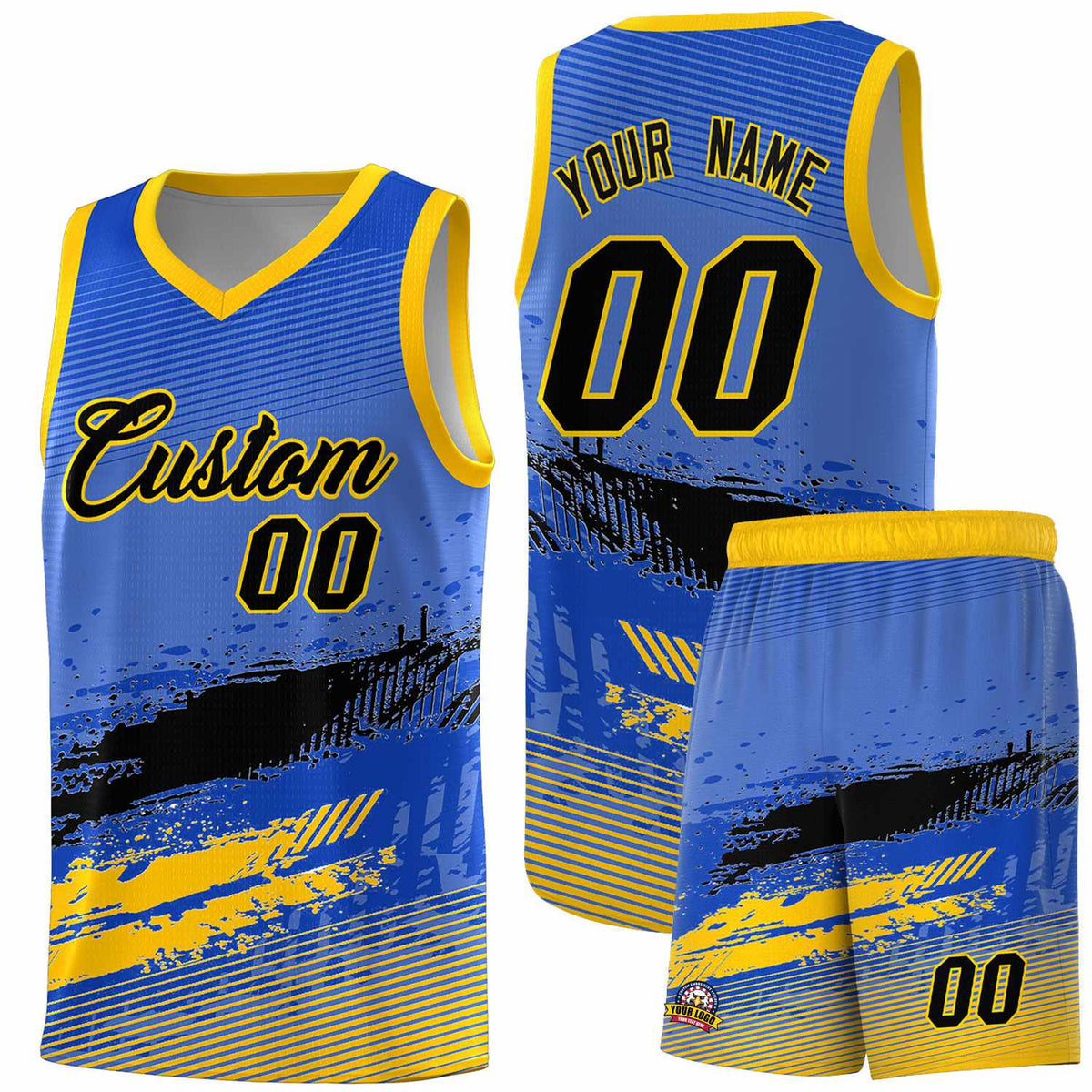 Custom Royal Black and Yellow Graffiti Pattern Sports Uniform Basketball Jersey|KXKSHOP