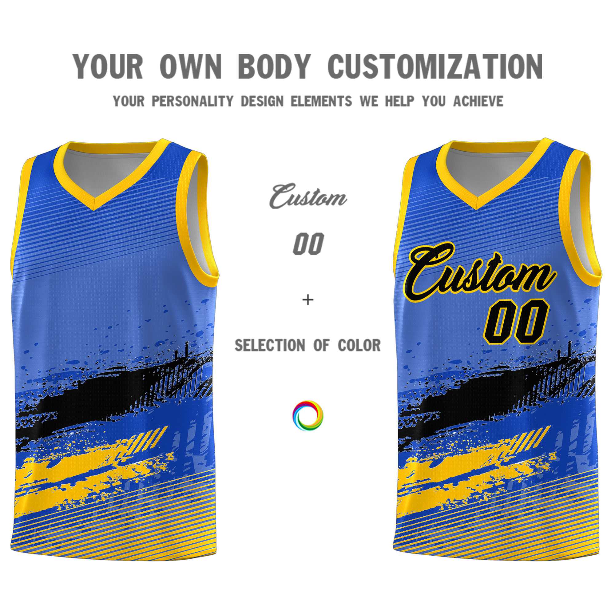 Custom Royal Black and Yellow Graffiti Pattern Sports Uniform Basketball Jersey|KXKSHOP
