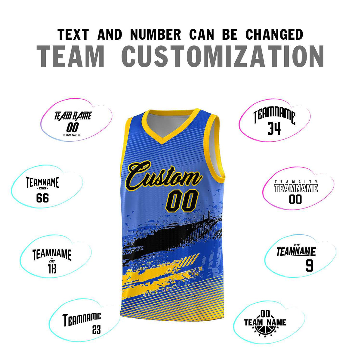 Custom Royal Black and Yellow Graffiti Pattern Sports Uniform Basketball Jersey|KXKSHOP