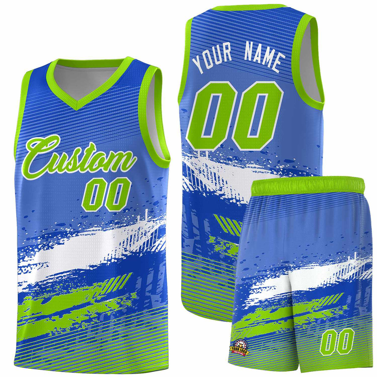 Custom Royal White and Neon Green Graffiti Pattern Sports Uniform Basketball Jersey|KXKSHOP