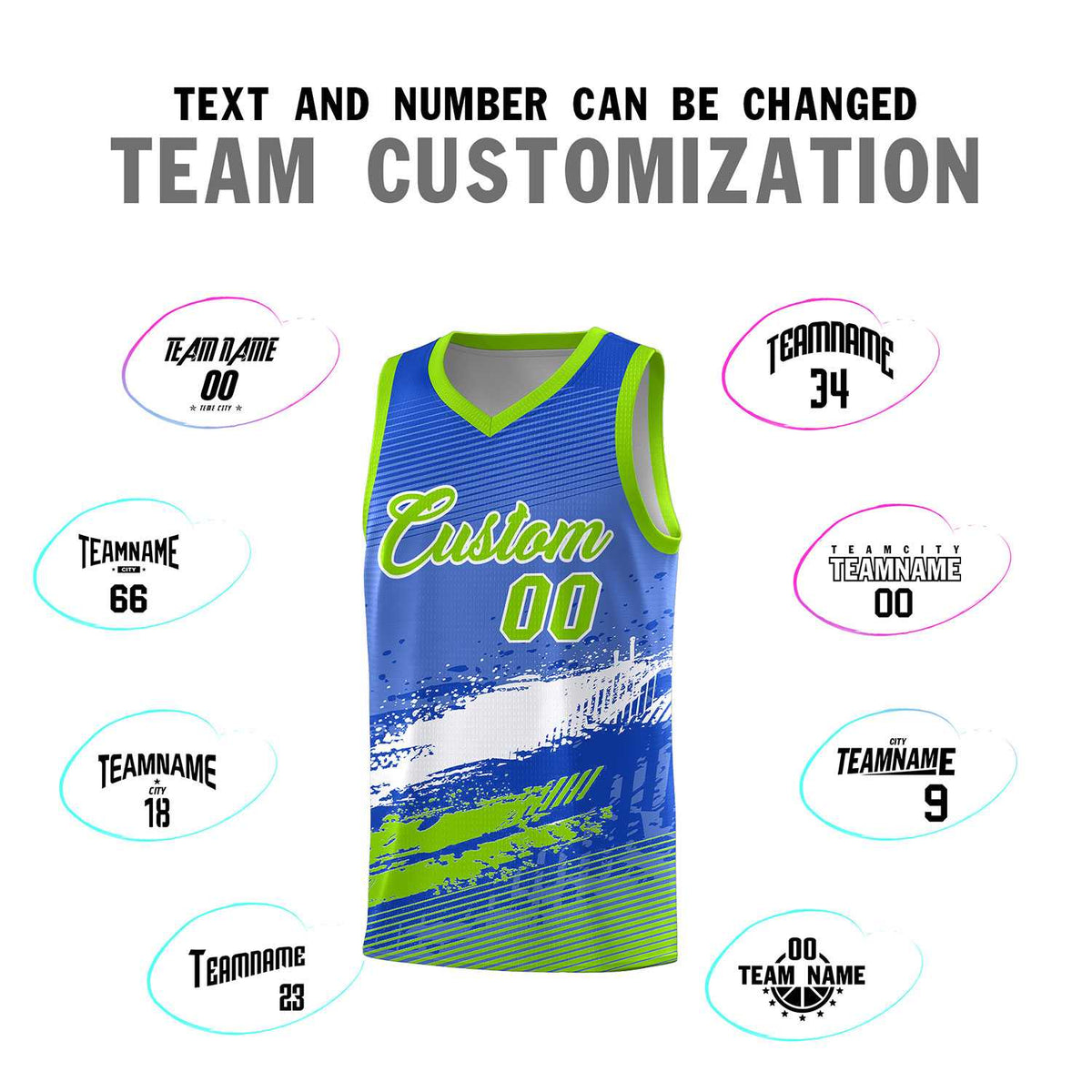 Custom Royal White and Neon Green Graffiti Pattern Sports Uniform Basketball Jersey|KXKSHOP