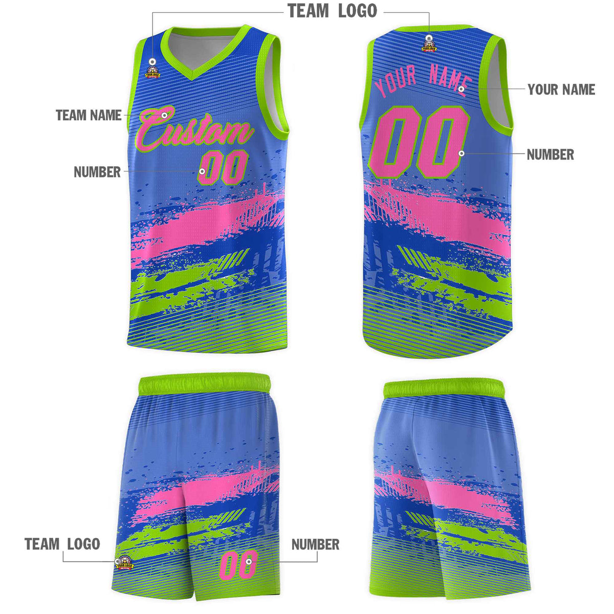 Custom Royal Pink and Neon Green Graffiti Pattern Sports Uniform Basketball Jersey|KXKSHOP