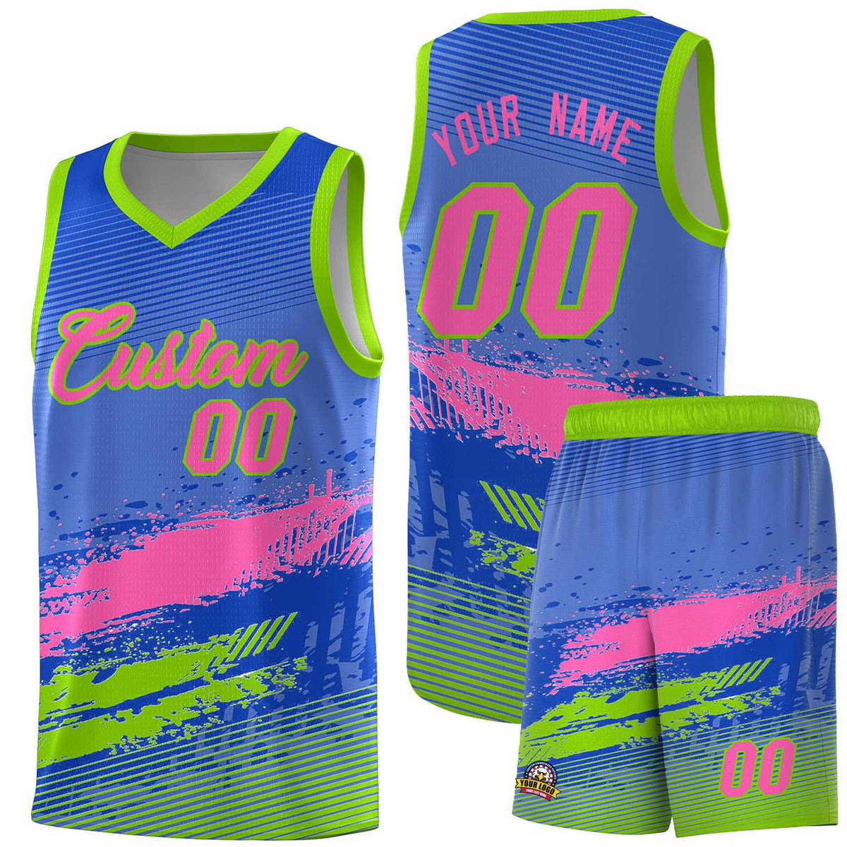 Custom Royal Pink and Neon Green Graffiti Pattern Sports Uniform Basketball Jersey|KXKSHOP