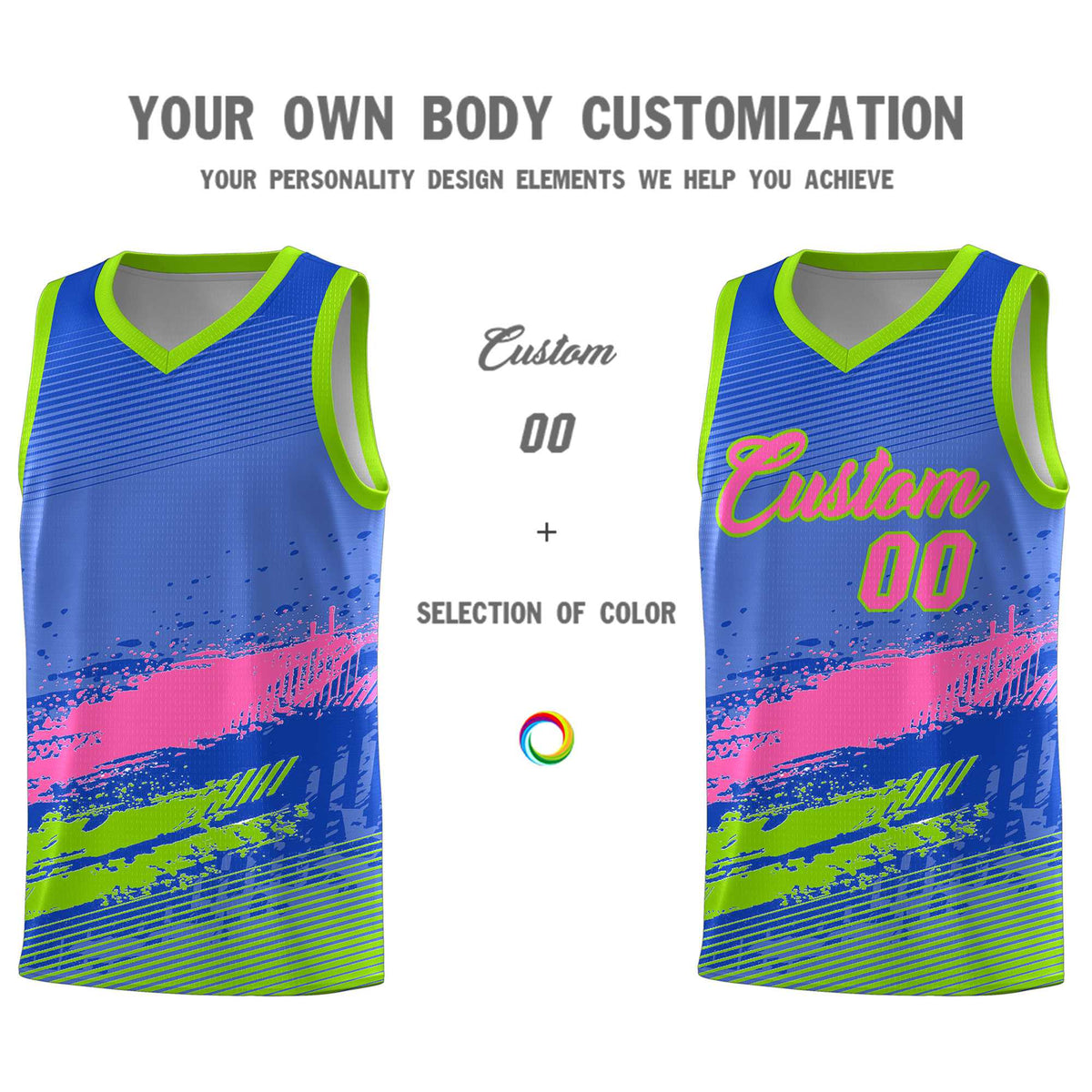 Custom Royal Pink and Neon Green Graffiti Pattern Sports Uniform Basketball Jersey|KXKSHOP