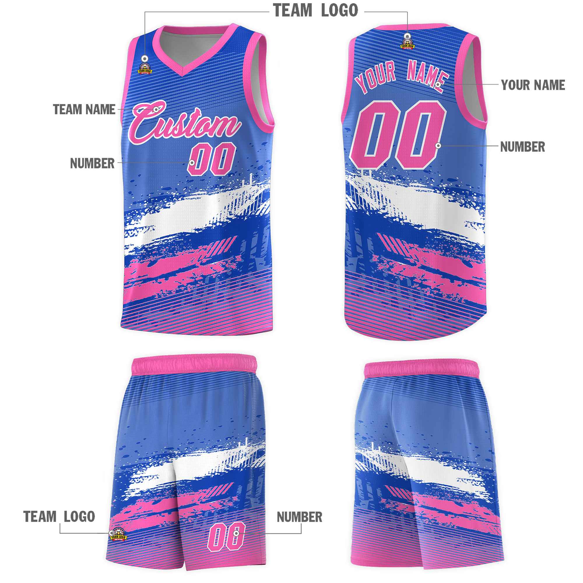 Custom Royal White and Pink Graffiti Pattern Sports Uniform Basketball Jersey|KXKSHOP