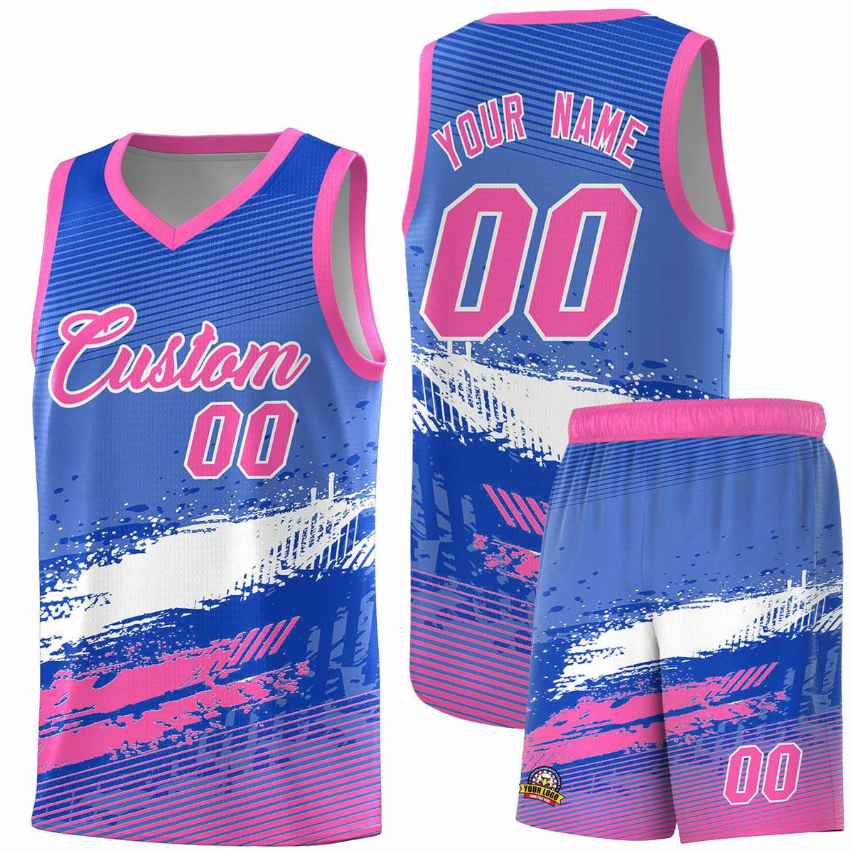 Custom Royal White and Pink Graffiti Pattern Sports Uniform Basketball Jersey|KXKSHOP