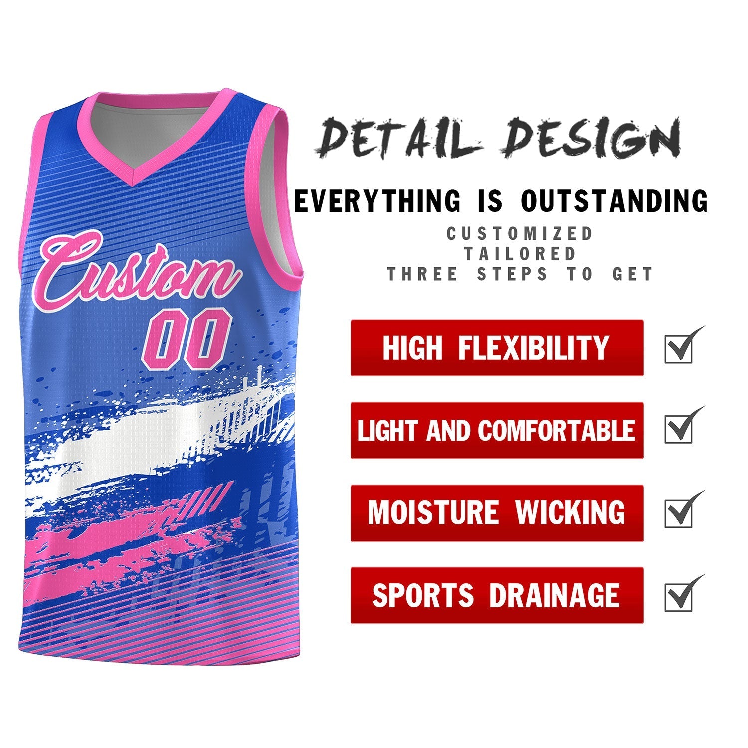 Custom Royal White and Pink Graffiti Pattern Sports Uniform Basketball Jersey|KXKSHOP