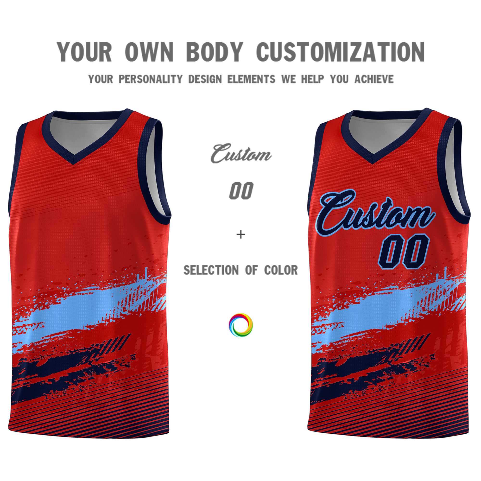 Custom Red Powder Blue and Navy Graffiti Pattern Sports Uniform Basketball Jersey|KXKSHOP