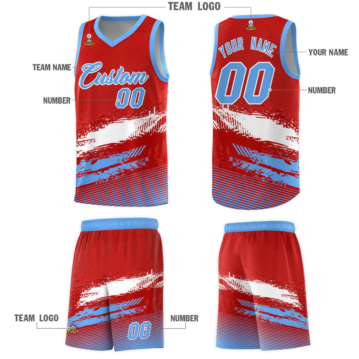 Custom Red White and Powder Blue Graffiti Pattern Sports Uniform Basketball Jersey|KXKSHOP