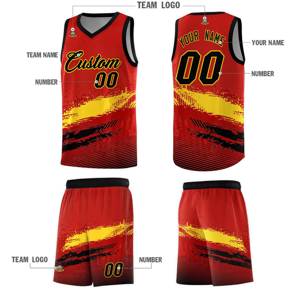 Custom Red Gold and Black Graffiti Pattern Sports Uniform Basketball Jersey|KXKSHOP