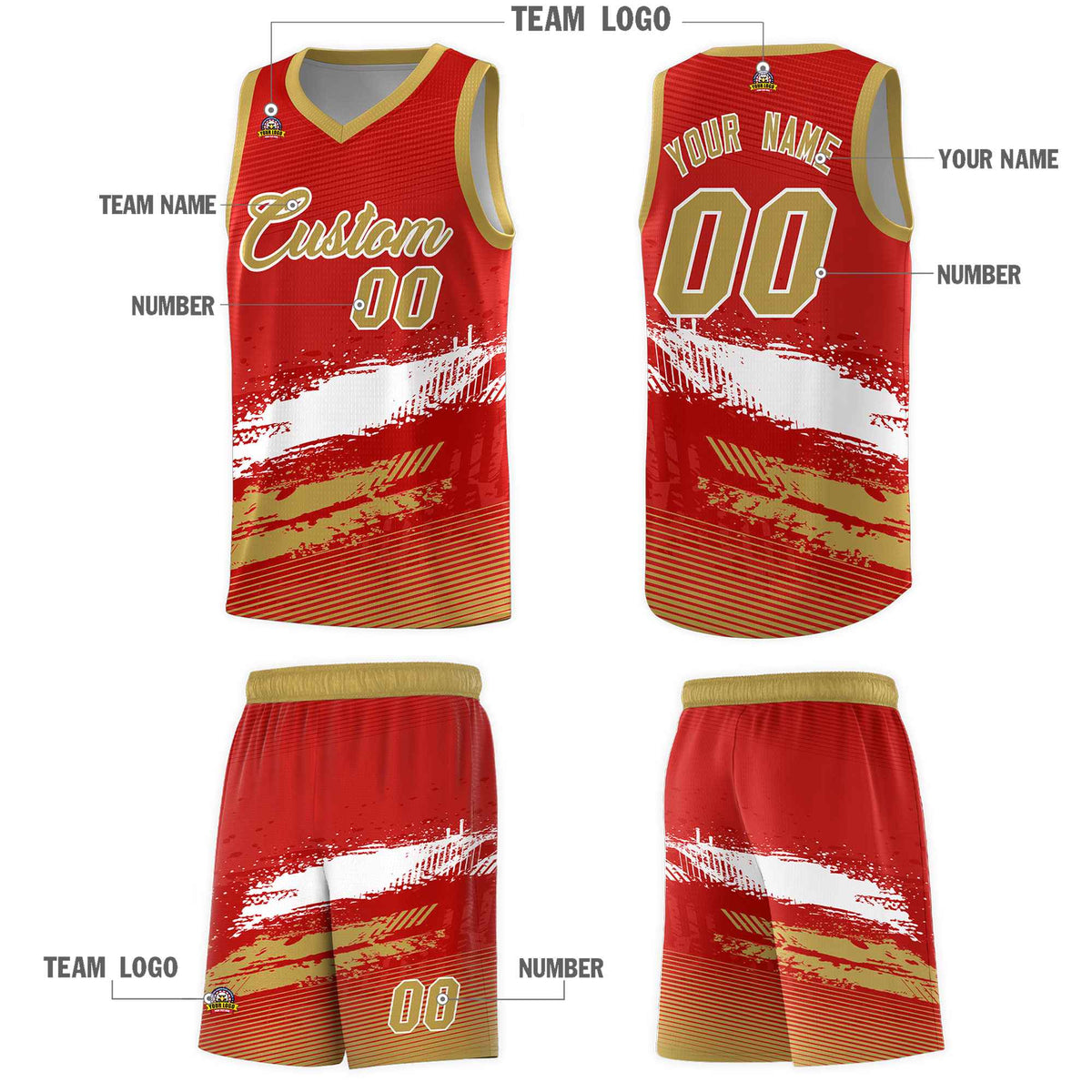 Custom Red White and Old Gold Graffiti Pattern Sports Uniform Basketball Jersey|KXKSHOP