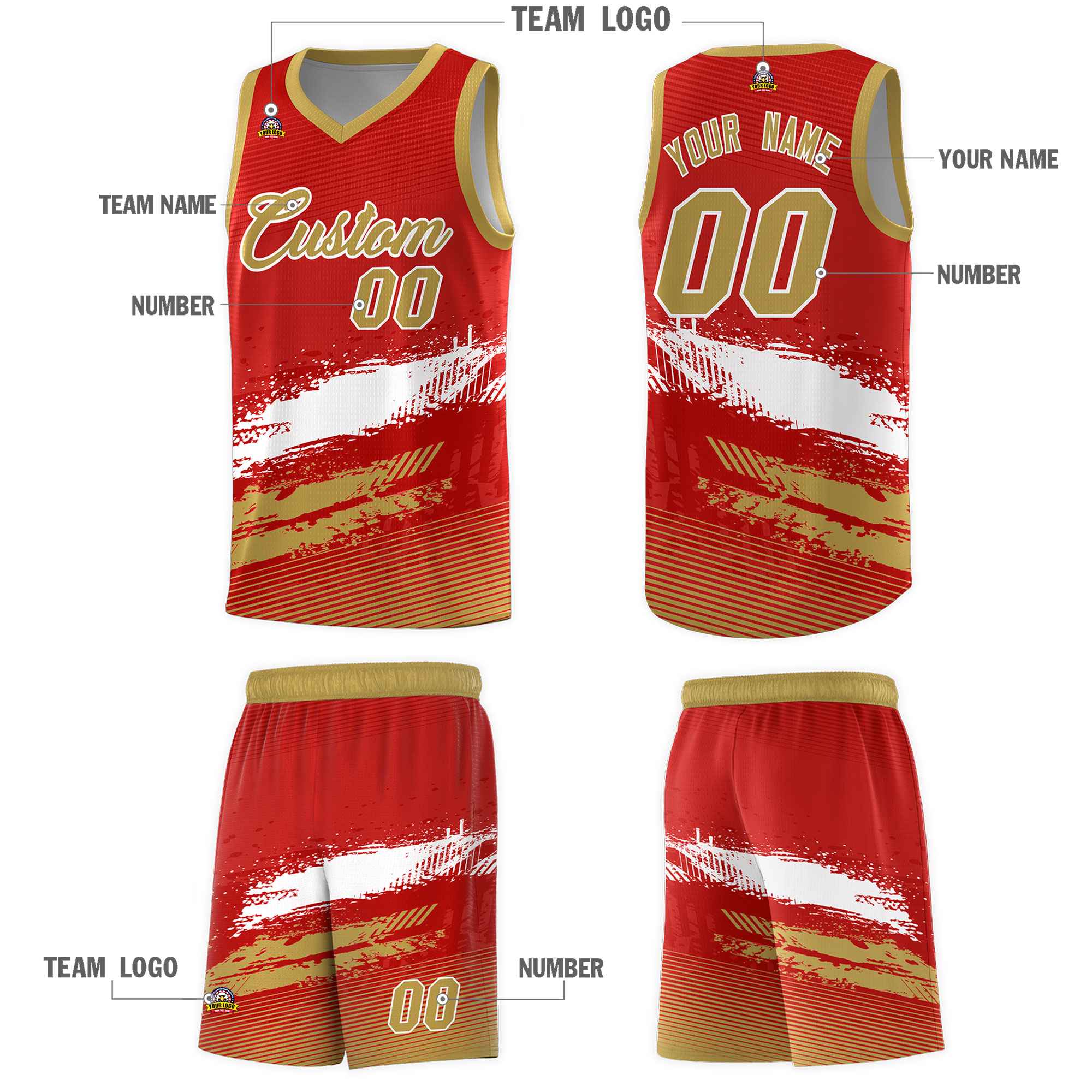 Custom Red White and Old Gold Graffiti Pattern Sports Uniform Basketball Jersey|KXKSHOP