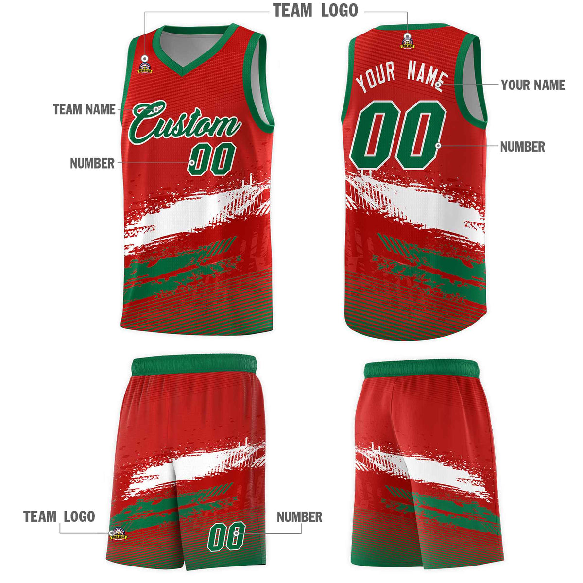 Custom Red White and Kelly Green Graffiti Pattern Sports Uniform Basketball Jersey|KXKSHOP